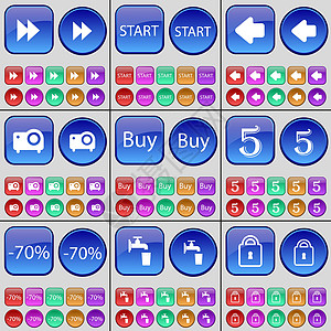 倒带 开始 向左箭头 投影仪 购买 五 折扣 点击 锁定 一大套多色按钮 向量图片