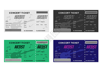 一套配有吉他和音乐笔记的彩色音乐会票图片