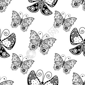 无缝模式 带双光影蝴蝶剪贴簿织物白色剪影花边插图蕾丝黑色背景图片