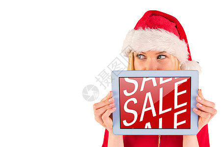妇女持有平板电脑的复合图像广告双手女性购物白色销售药片科技折扣帽子背景图片