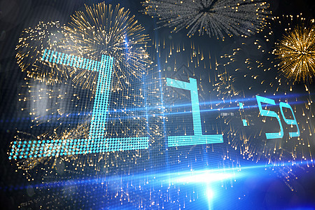 黑色背景下爆炸的多彩烟花复合图象蓝色数字时间派对绘图庆典计算机技术活力新年图片