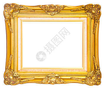 白色背景上孤立的古金框画廊雕刻边缘镜子艺术风格金属收藏金子照片背景图片