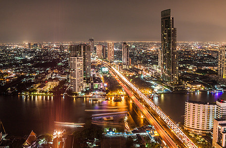 曼谷市与Chaopraya河的全景城市天际天空街道建筑天线办公室蓝色市中心建筑学图片