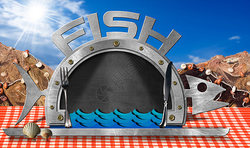 带有渔网的黑板鱼太阳光线午餐托盘菜单美食舷窗桌布蓝色天空服务图片