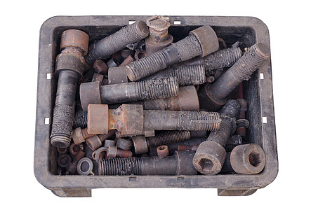 老生锈的坚果和螺栓风化物体白色古董建造业储物机械容器木工工具箱图片