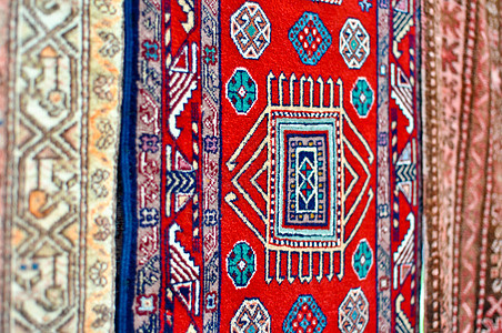 彩色羊毛手工制地毯几何学纺织品编织蓝色挂毯小地毯艺术手工业丝绸材料图片