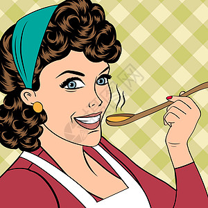 流行艺术古代女人 用围裙来品尝她的食物乡愁厨师插图炊具餐厅流行音乐妻子勺子女性盘子图片