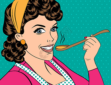 流行艺术古代女人 用围裙来品尝她的食物妻子漫画广告家庭工作流行音乐主妇勺子餐厅女性图片