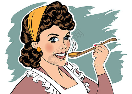 流行艺术古代女人 用围裙来品尝她的食物口味厨房盘子妻子家庭插图漫画海报女性乡愁图片