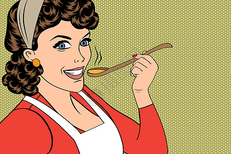 流行艺术古代女人 用围裙来品尝她的食物美食插图勺子流行音乐乡愁女士家庭海报盘子卡片图片