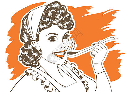 流行艺术古代女人 用围裙来品尝她的食物盘子餐厅工作乡愁烹饪主妇海报炊具美食妻子图片