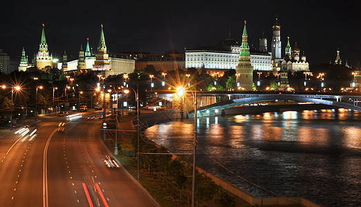 夜观莫斯科克里姆林宫 从主教大桥 莫斯科 俄罗斯景观旅游正方形反射历史历史性星星地标大教堂圆顶图片