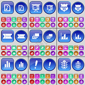 音乐文件 图表 55 号公路 门票 图库 图表 图表 感叹号 交通信号灯 一大套多色按钮背景图片
