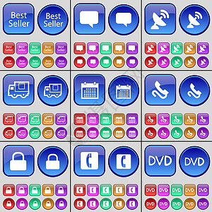 畅销书 聊天气泡 卫星天线 卡车 日历 接收器 锁 电话 DVD 一大套多色按钮背景图片