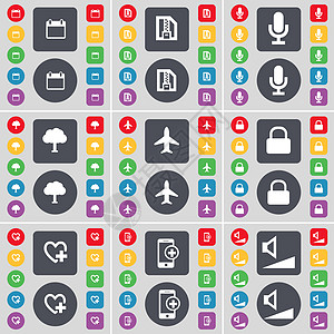 日历 ZIP 文件 麦克风 树 飞机 锁 心 智能手机 音量图标符号 一大套平面彩色按钮 适合您的设计图片