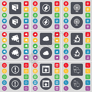 钱包 Flash Wi-Fi 闭路电视 云 显微镜 感叹号 窗口 连接图标符号 一大套平面彩色按钮 适合您的设计图片