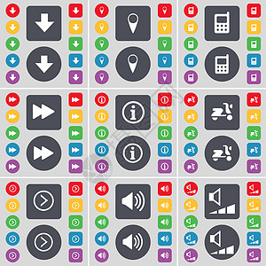 向下箭头 检查站 手机 倒带 信息 滑板车 向右箭头 声音 音量图标符号 一大套平面彩色按钮 适合您的设计图片