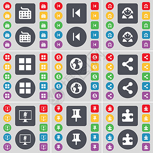 键盘 媒体跳过 头像 应用程序 地球 共享 监视器 Pin 拼图部分图标符号 一大套平面彩色按钮 适合您的设计图片