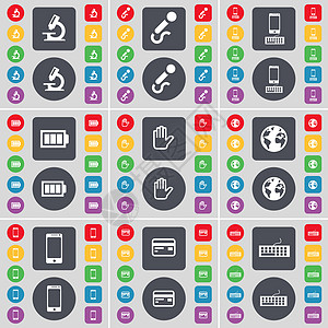 显微镜 麦克风 智能手机 电池 手 地球 智能手机 信用卡 键盘图标符号 一大套平面彩色按钮 适合您的设计图片