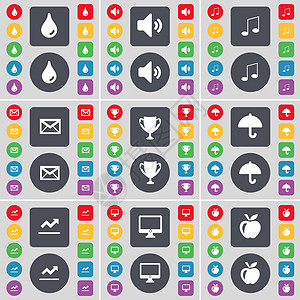 掉落 声音 音符 消息 杯子 雨伞 图形 监视器 Apple 图标符号 一大套平面彩色按钮 适合您的设计图片