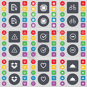 文本文件 处理器 自行车 警告 勾号 减号 Dropbox 心形 托盘图标符号 一大套平面彩色按钮 适合您的设计图片