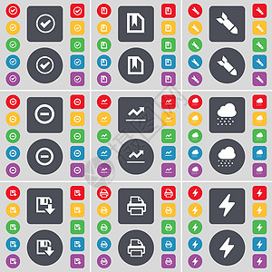 勾选 文件 火箭 减号 图形 云 软盘 打印机 Flash 图标符号 一大套平面彩色按钮 适合您的设计图片