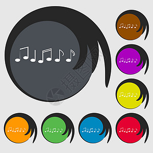 音乐笔记标志图标 音乐符号 八个彩色按钮上的符号令牌质量创造力钥匙插图标签邮票海豹旋律徽章图片