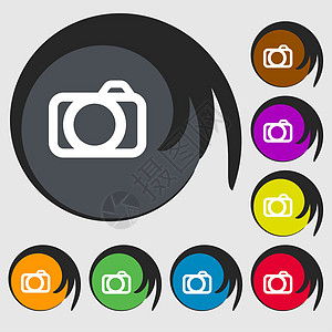 相片摄像头标志图标 数字相片相机符号 八个彩色按钮上的符号闪光创造力邮票镜片令牌海豹标签照片插图摄影师图片
