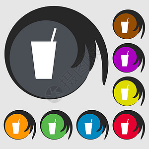 鸡尾酒图标符号 8 个彩色按钮上的符号苏打派对冰块稻草享受庆典柠檬啤酒饮料图标集图片