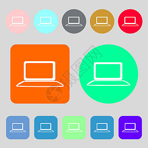 膝上型计算机符号图标 带有图形符号的笔记本Pc 监测 12个彩色按钮 平面设计图片