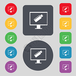 usb 闪存驱动器和监视器符号图标 视频游戏符号 设置彩色按钮电脑标签邮票互联网海豹控制器社会驾驶创造力闪光图片