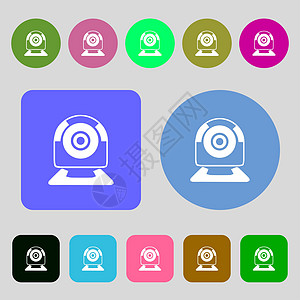网络摄像头签名图标 网络视频聊天符号 相机聊天 12 个彩色按钮 平面设计图片