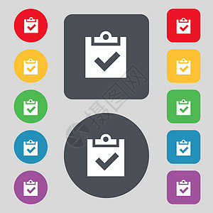复选标记 tik 图标符号 一组 12 个彩色按钮 平面设计插图徽章令牌盒子标签创造力邮票海豹质量背景图片