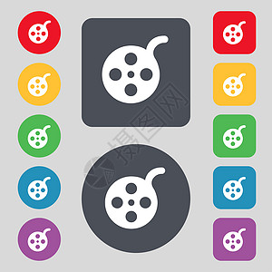 胶片图标符号 一组有12色按钮 设计平坦网络磁带电视卷轴摄影剧院屏幕幻灯片电影运动背景图片
