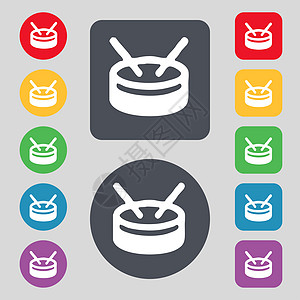 圆桶图标符号 一组有12色按钮 设计平坦鸡腿行动金属男人鼓手力量学校低音圈套音乐会图片