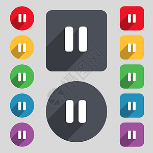 暂停图标符号 一组由12个彩色按钮和长阴影组成 设计平坦网站导航反射金属控制网络互联网音乐视频插图图片