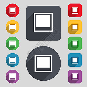 照片框架模板图标符号 由 12 个彩色按钮和长阴影构成的一组 平坦的设计相机角落导航空白卡片创造力记忆徽章质量打印图片