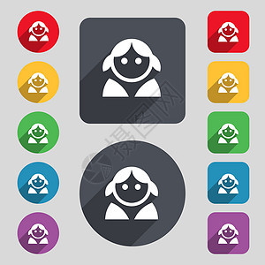女性 女性人类 女性厕所 用户 登录图标标志 一组 12 个彩色按钮和一个长长的阴影 平面设计邮票插图角落海豹标签女孩令牌创造力图片