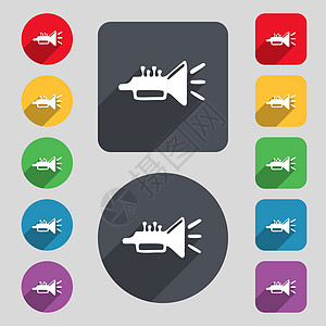 喇叭 黄铜乐器图标符号 一组由12个彩色按钮和长阴影组成 平坦的设计图片