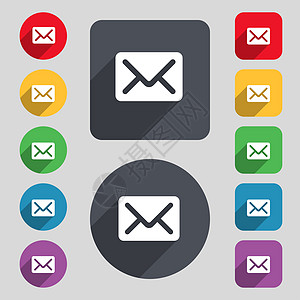 邮件 信封 字母图标符号 一组由12个彩色按钮和长阴影组成 设计平坦图片