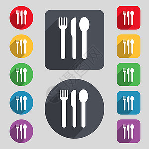 叉 刀 勺图标符号 一组由12个彩色按钮和长阴影组成 设计平坦图片