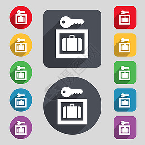 行李存储图标符号 由 12 个彩色按钮和长阴影组成的一组 平坦的设计图片