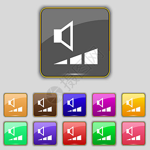音量 声音图标符号 设置为您网站的11个彩色按钮音乐界面控制金属技术插图背景图片