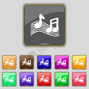音符 音乐 铃声图标符号 设置为您网站的11个彩色按钮记录互联网制作者旋律吉他打碟机玩家信号收音机歌曲图片