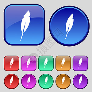 Feather 符号图标 retro 笔符号 一组彩色按钮海豹鹅毛创造力插图角落质量重量邮票标签写作图片