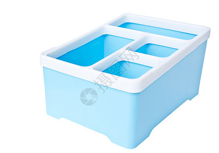 白色背景上孤立的蓝色塑料储存箱(蓝塑料存储箱)图片