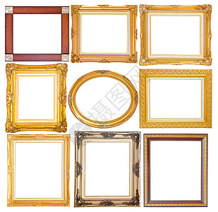 在白色背景上孤立的一套金金古框博物馆边缘古董边界框架艺术金子镜子雕刻照片图片