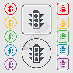 红绿灯边框交通灯信号图标符号 圆形上的符号和带边框的平方按钮背景