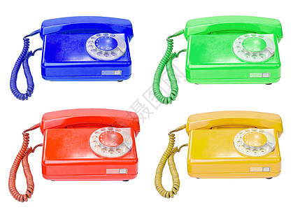 白色背景上隔离的许多旧用电话颜色  info whatsthis图片