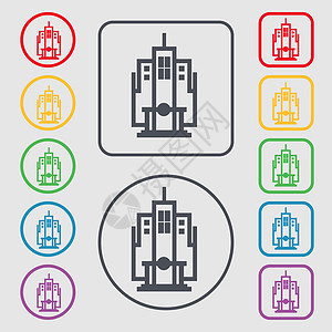 摩天大楼图标符号 圆形上的符号和带边框的平方按钮房子天际建筑学首都全景景观酒店窗户公寓城市图片
